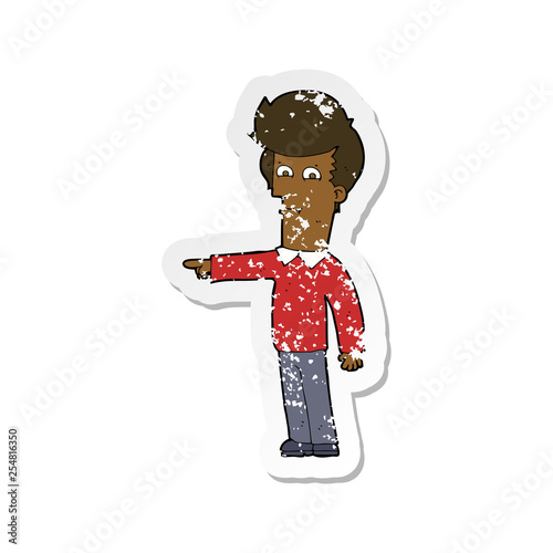 retro distressed sticker of a cartoon man pointing