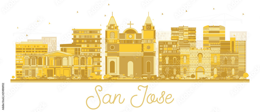 San Jose Costa Rica City Skyline Silhouette with Golden Buildings Isolated on White.