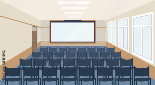 modern meeting conference presentation room interior with blue chairs and blank screen lecture seminar hall large sitting capacity empty no people horizontal