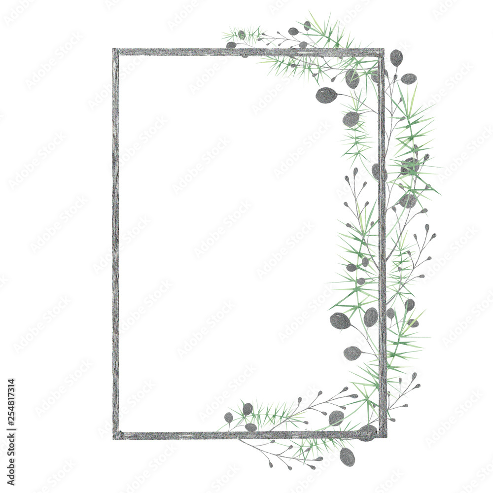 Watercolor frame with silver, green, purple, violet leaves and branches on a white background. Ideal for cards and invitations. Watercolor frame with silver, green, purple, violet leaves and branches on a white background. Ideal for cards and invitations.