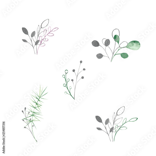 Watercolor silver  green  purple  violet leaves and branches on a white background. Ideal for cards and invitations.