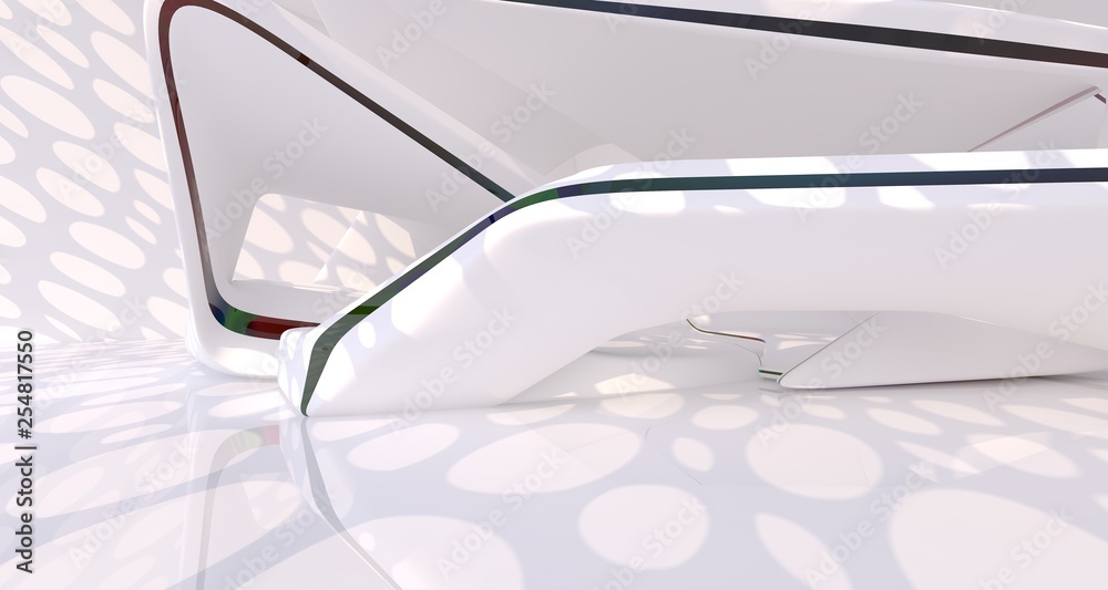 Fototapeta premium Abstract white and colored gradient glasses interior multilevel public space with window. 3D illustration and rendering.