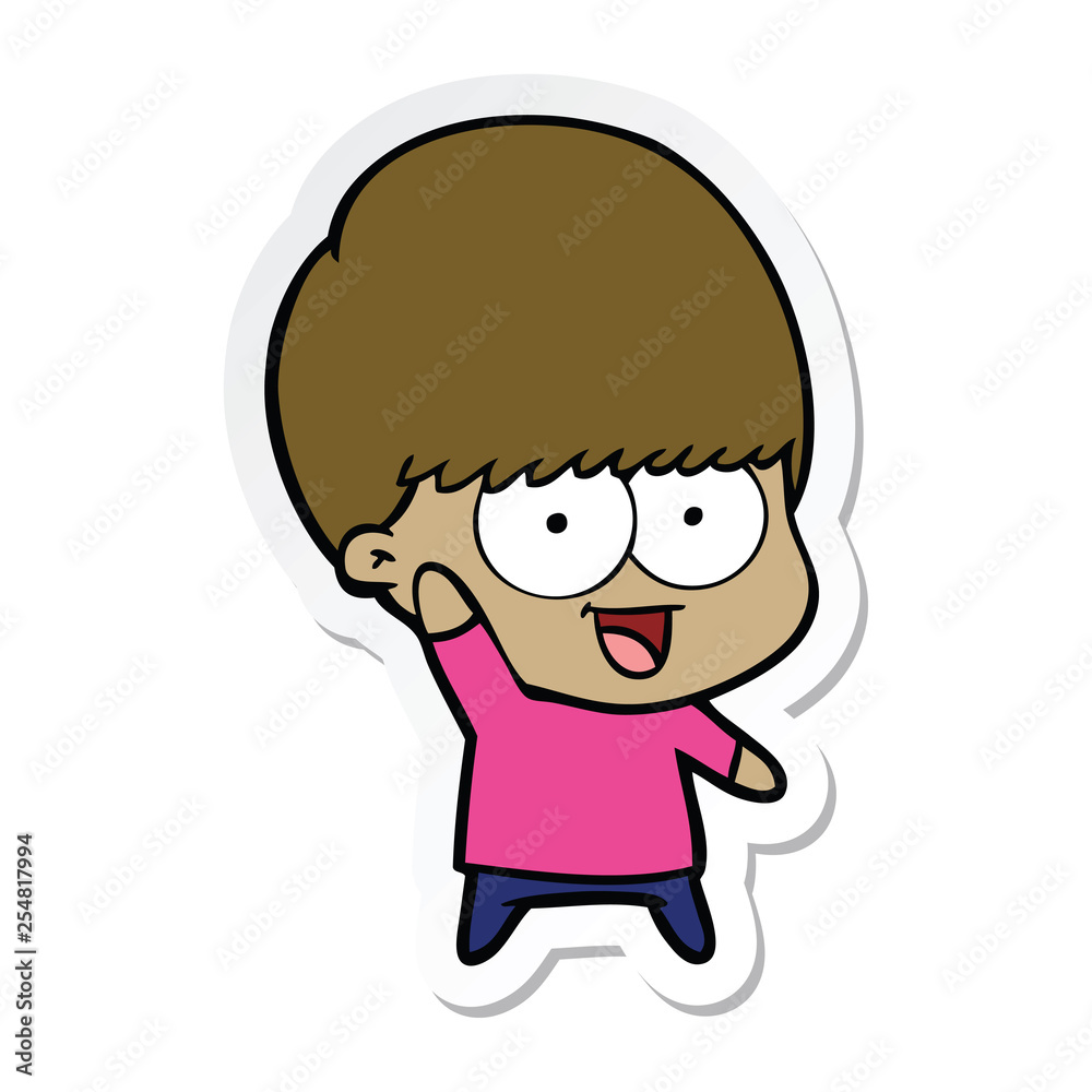 sticker of a happy cartoon boy waving