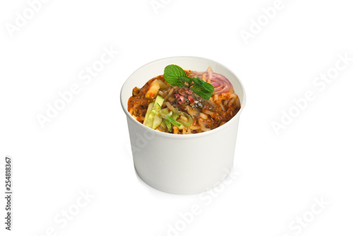 fastfood style assam laksa, malaysia famous noodle with white background