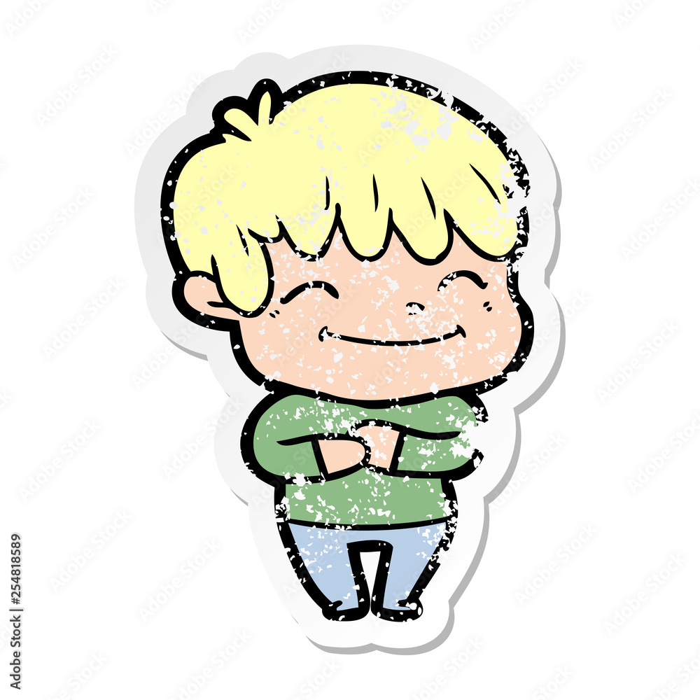 distressed sticker of a happy cartoon boy distressed sticker of a happy cartoon boy
