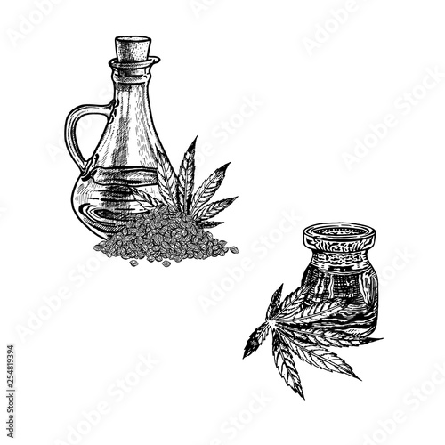 Hand drawn sketch of hemp oil. Extract of plant. Vector illustration