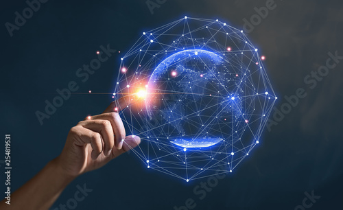 Global connection concept with digital planet in hands, network connection, international meaning, Networking technologies and social interaction.