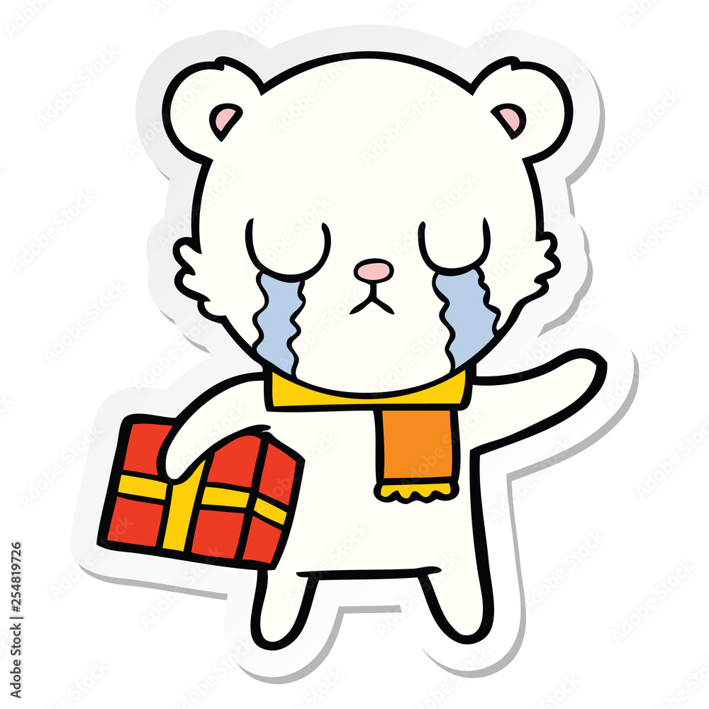 sticker of a crying polar bear cartoon with christmas gift