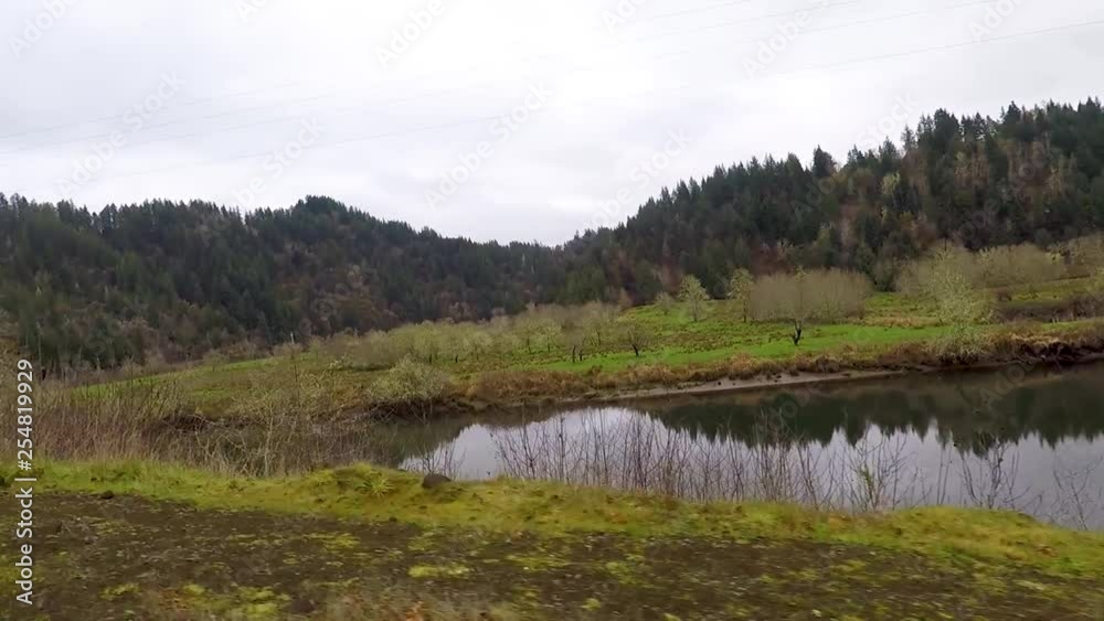 Green fields with moss covered trees. Mountains in the background reflect in the water. Green fields with moss covered trees. Mountains in the background reflect in the water.