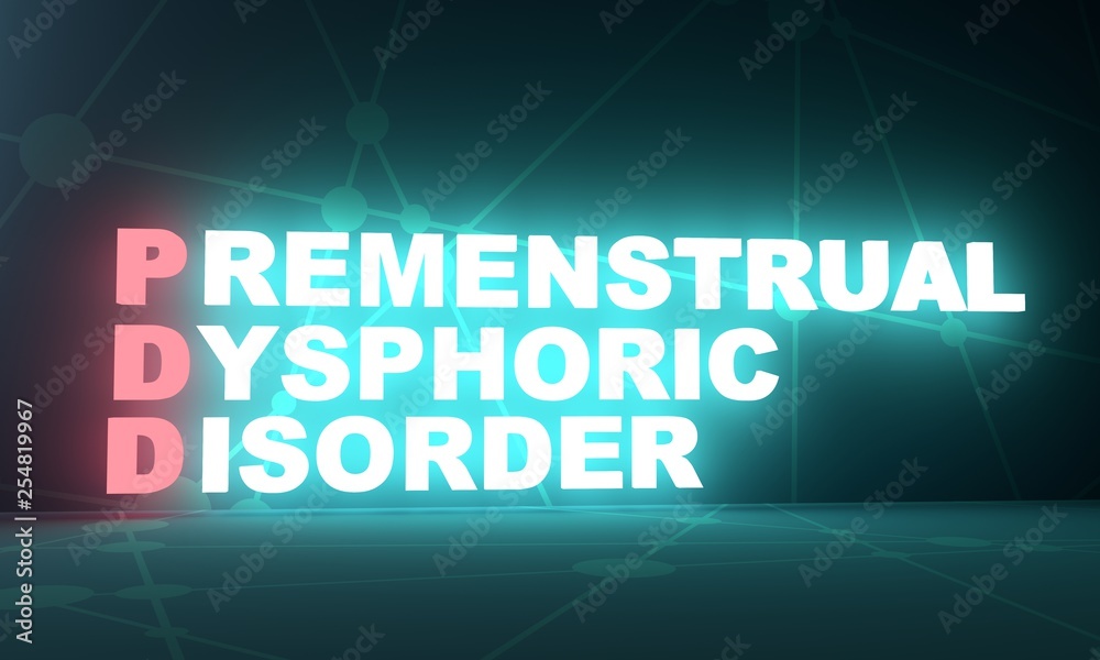 Acronym PDD - Premenstrual Dysphoric Disorder. Helthcare conceptual image. 3D rendering. Neon bulb illumination
