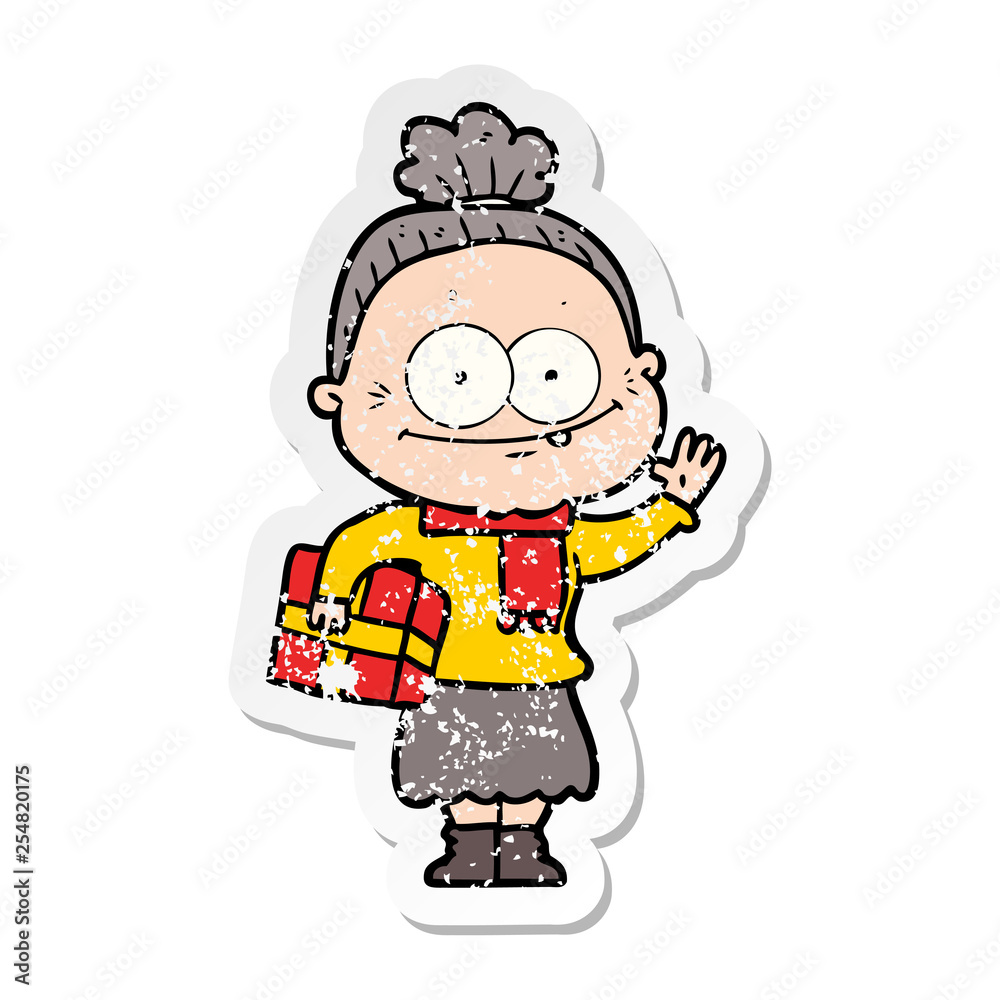 distressed sticker of a cartoon happy old woman