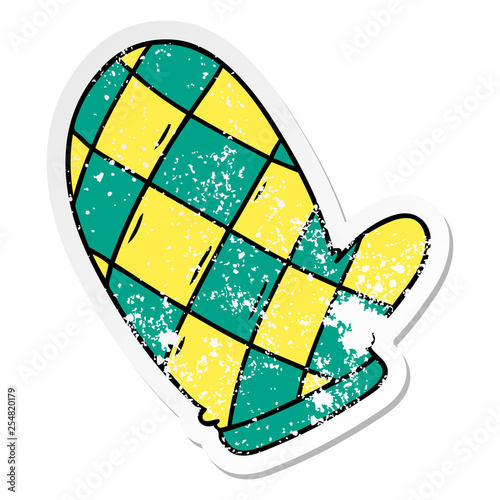 distressed sticker cartoon doodle of an oven glove