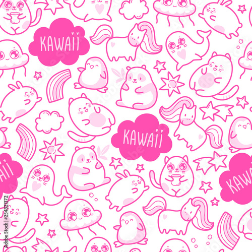 Kawaii cute seamless pattern with super cute animals and elements . Vector outline llustration.