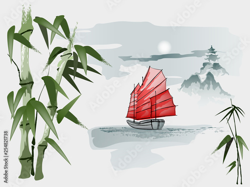 Chinese ship with a scarlet sail Sailboat sailing past the Pagoda. Imitation of Chinese Painting. Illustration, vector. EPS-10.