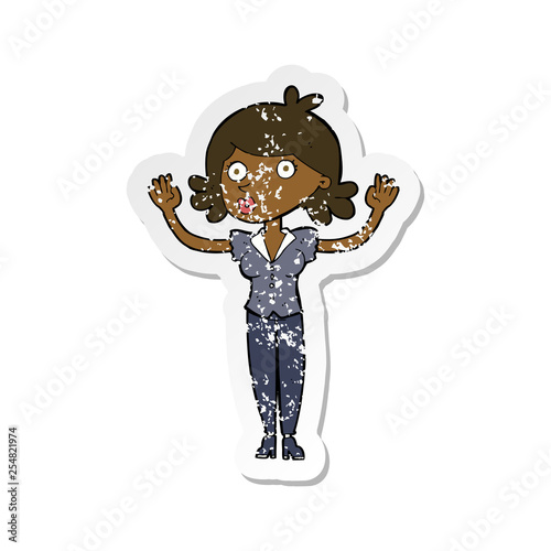 retro distressed sticker of a cartoon woman surrendering