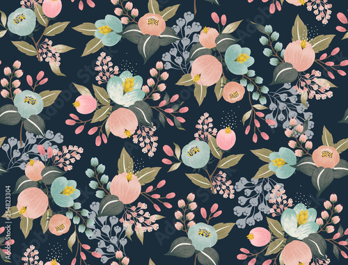  Vector illustration of a seamless floral pattern with spring flowers. Lovely floral background in sweet colors 
