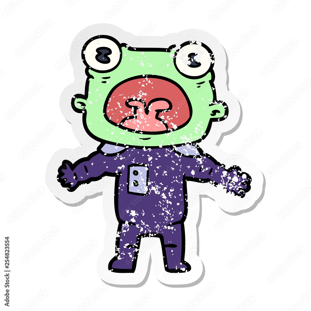 distressed sticker of a cartoon weird alien communicating distressed sticker of a cartoon weird alien communicating
