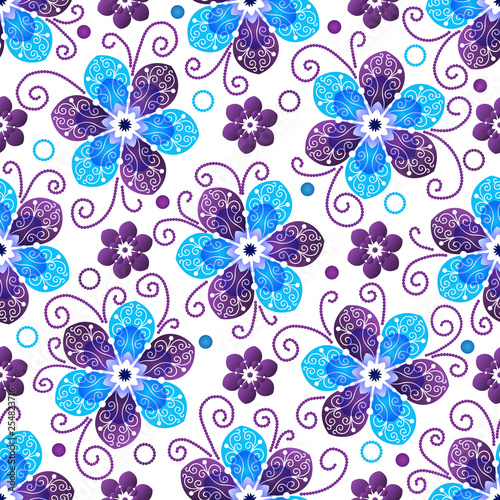 Festive spring seamless pattern with blue and purple flowers