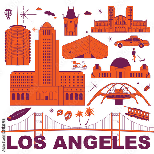 Los Angeles culture travel set, famous architectures and specialties in flat design. Business travel and tourism concept clipart. Image for presentation, banner, website, advert, flyer, roadmap, icons