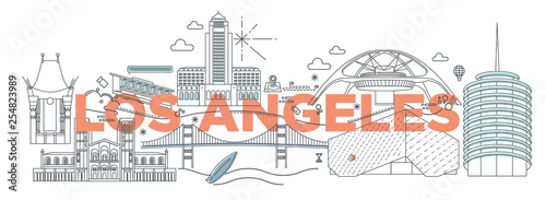 Obraz Typografia słowo Los Angeles marki technologii koncepcja. Zbiór ikon płaskie wektor web. Zestaw podróży kultury amerykańskiej, architektury, specjalności sylwetka szczegółowa. Doodle słynne zabytki.