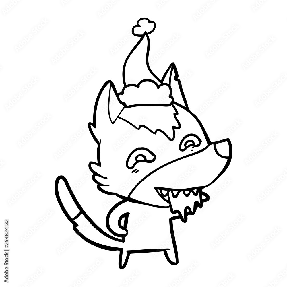line drawing of a hungry wolf wearing santa hat line drawing of a hungry wolf wearing santa hat