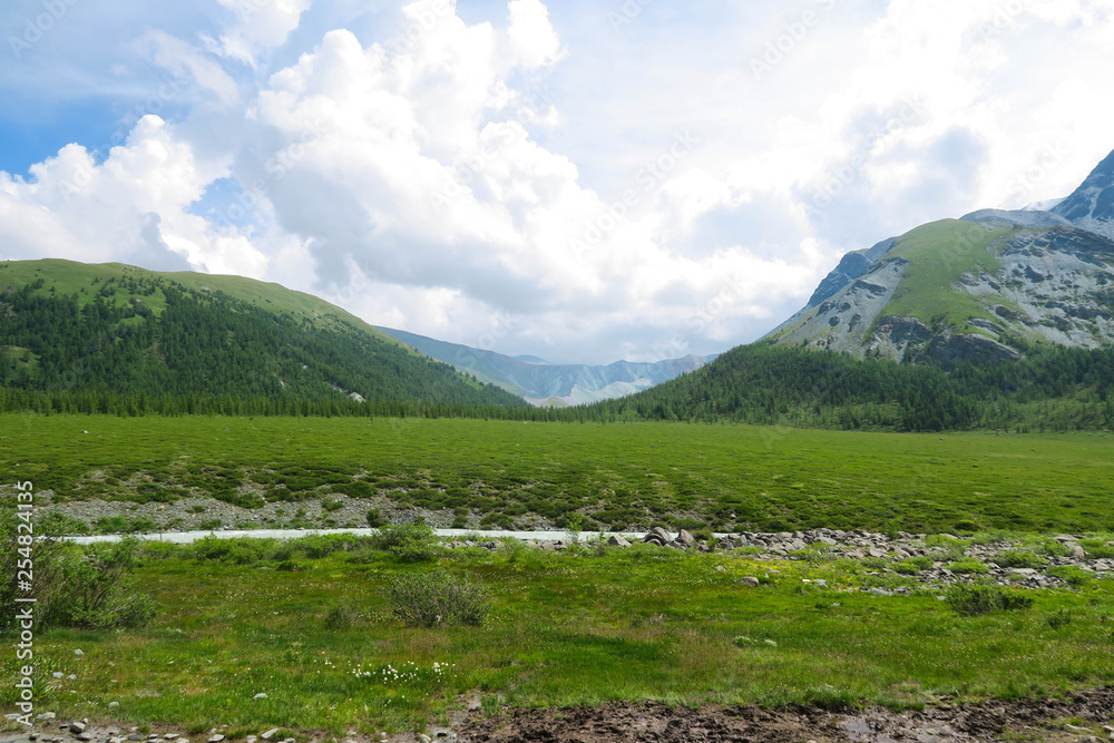 Altai Mountains landscape. View from the Akkem lake to the Yarloo valley