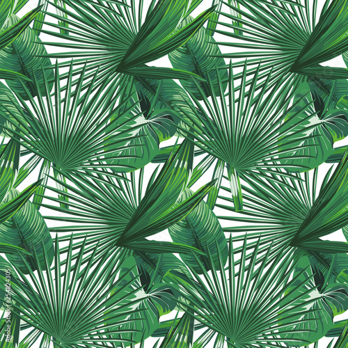 Tropical green exotic leaves seamless white background