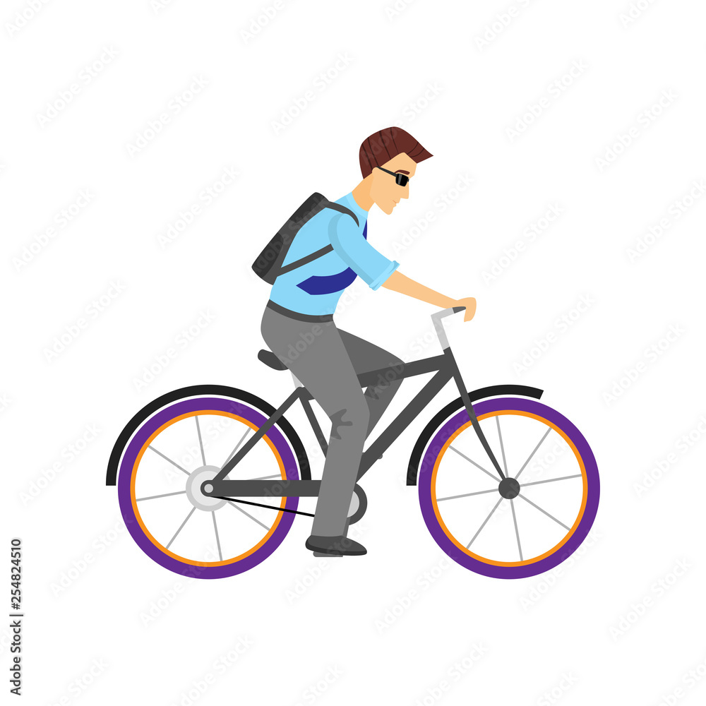 Man in sunglasses and backpacks riding bicycle isolated on white background Man in sunglasses and backpacks riding bicycle isolated on white background