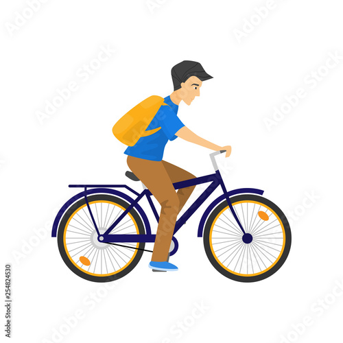 Serious caucasian man with backpack riding blue bicycle on white © greenpicstudio