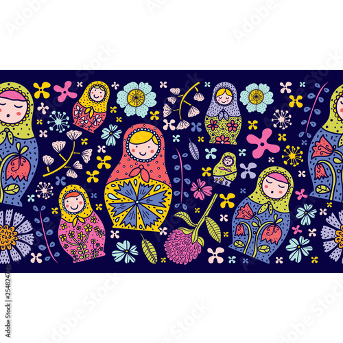 Horizontal seamless border with russian motiv. Matryoshka and flowers. Cute babushka.