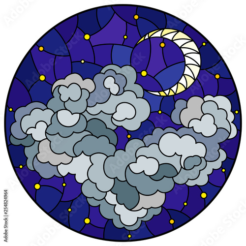 Illustration in stained glass style with celestial landscape, fluffy cloud on the background of starry sky and moon, round image