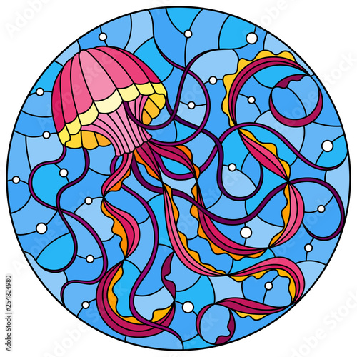 Illustration in stained glass style with abstract pink  jellyfish against a blue sea and bubbles, round image