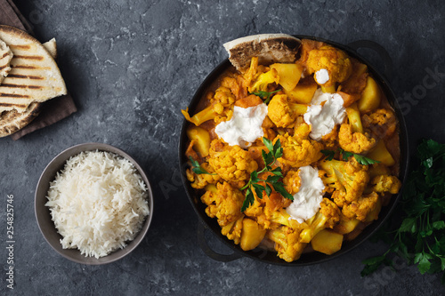 Vegetarian indian food Cauliflower curry basmati rice naan bread Healthy food