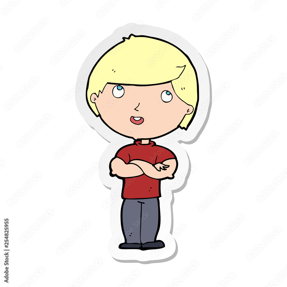 sticker of a cartoon happy man with folded arm sticker of a cartoon happy man with folded arm