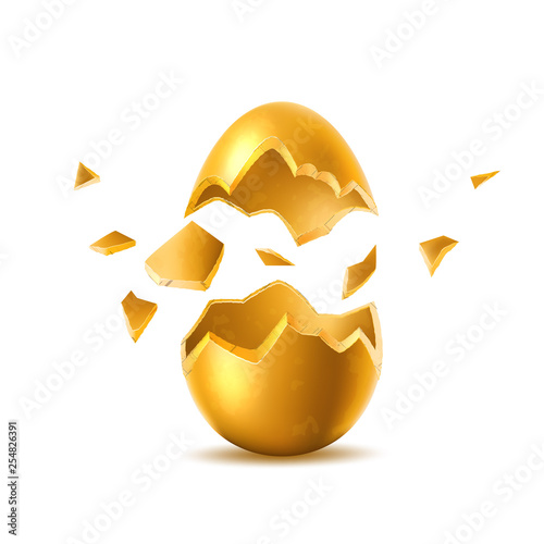Vector 3d golden egg with broken eggshell