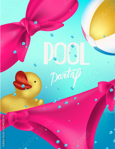Pool party poster pink bikini and inflatable toys. Vector illustration