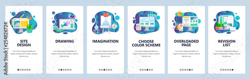 Mobile app onboarding screens. Art, design and creative imagination. Painting. wireframe, news feed. Menu vector banner template for website and mobile development. Web site design flat illustration.
