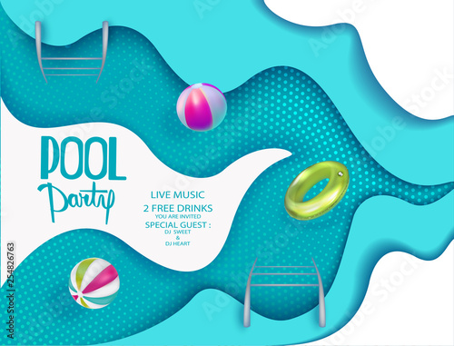 Pool party poster with inflatable balls in swimming pool water. View above. Vector illustration