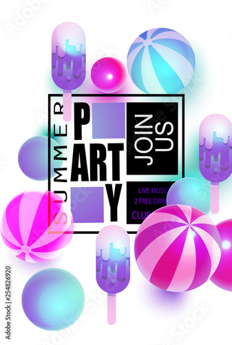 Summer party poster with avstracr ice cream and balls. Vector illustration