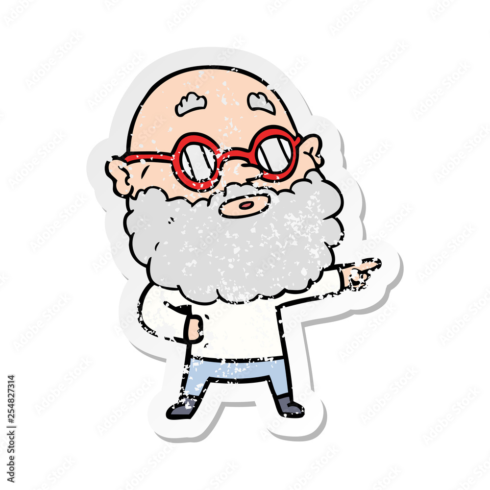 distressed sticker of a cartoon curious man with beard and glasses