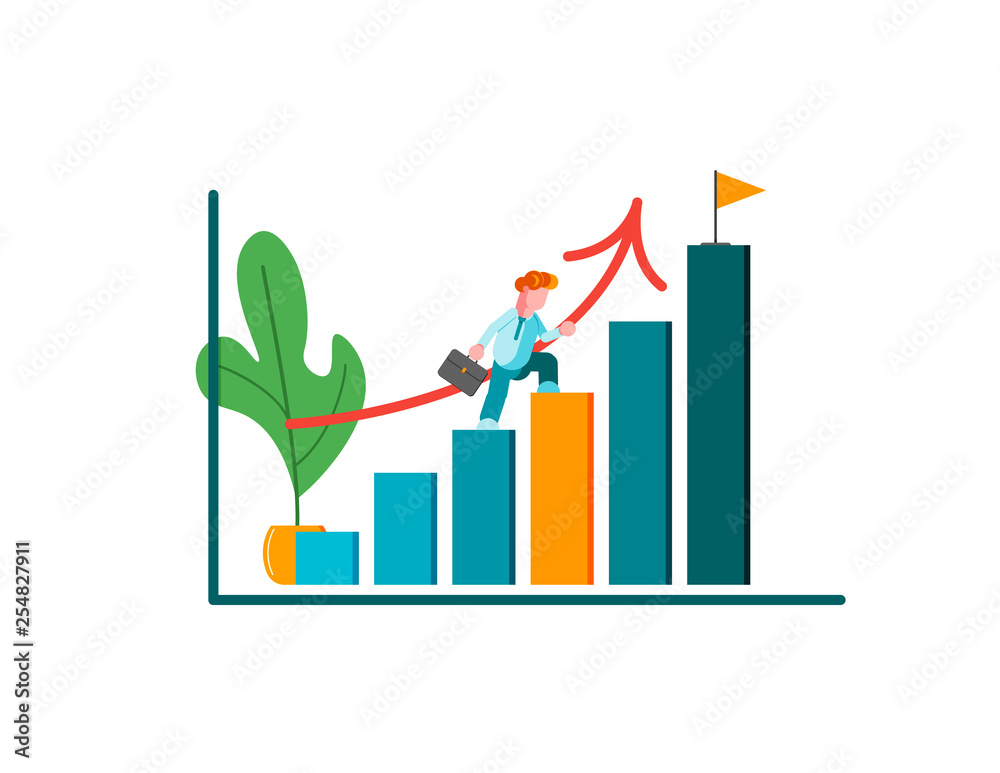 Man runing to their goal on the column of columns, move up motivation, the path to the target's achievement. Modern vector illustration. - Vector Man runing to their goal on the column of columns, move up motivation, the path to the target's achievement. Modern vector illustration. - Vector