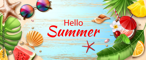 Vector hello summer poster tropical fruits leaves