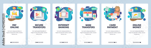 Mobile app onboarding screens. Online payment, wire transfers and digital money. Internet secure banking and finance. Vector banner template for website and mobile development. Web site illustration