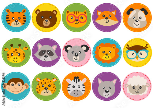 set of isolated cute animal heads in circle - vector illustration  eps