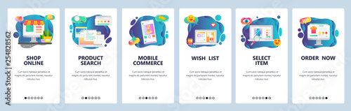 Mobile app onboarding screens. Online shopping, internet store, mobile ecommerce. Menu vector banner template for website and mobile development. Web site design flat illustration