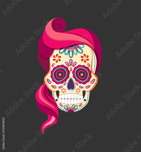 Flat style Day of the female Dead Sugar Skull with pink Hair. Paper cut Calavera vector illustration