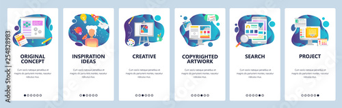 Mobile app onboarding screens. Creativity, art and inspiration ideas. Menu vector banner template for website and mobile development. Web site design flat illustration