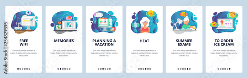 Mobile app onboarding screens. Summer vacation on a beach, office worker dreaming about vacation. Menu vector banner template for website and mobile development. Web site design flat illustration