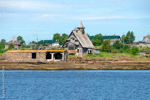 KEM, REPUBLIC OF KARELIA, RUSSIA - JUNE 24, 2018: Church decoration for the film "The Island" in the village of Rabocheostrovsk, Kem. View from the White Sea, Arkhangelsk Region, Russia