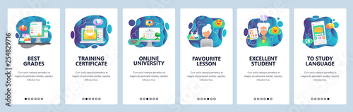 Mobile app onboarding screens. Online education and digital university, training courses and certificate. Menu vector banner template for website and mobile development. Web site design illustration